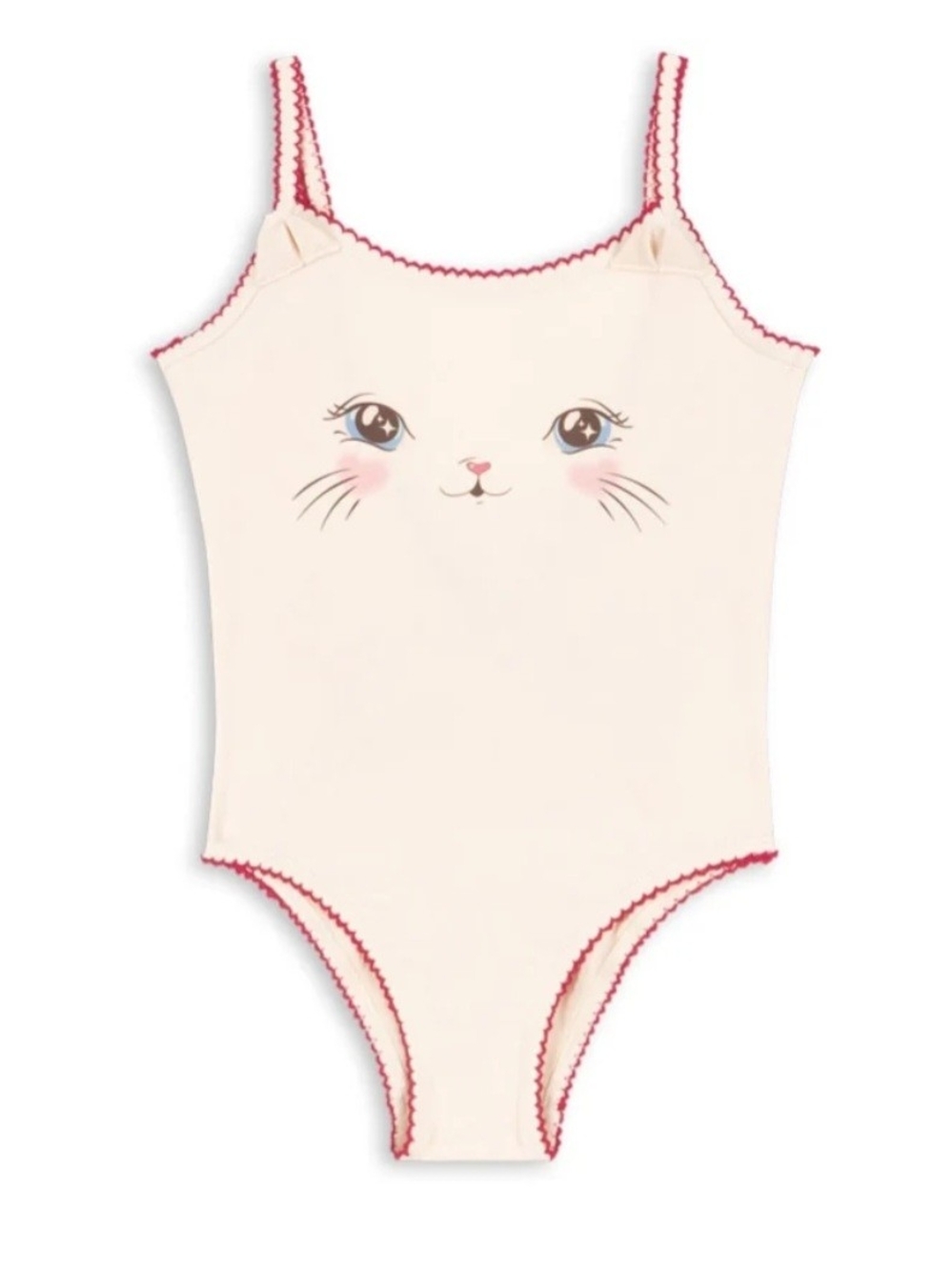 Konges Girls Cream Cat Face One-Piece Swimsuit with Pink Trim Size 10